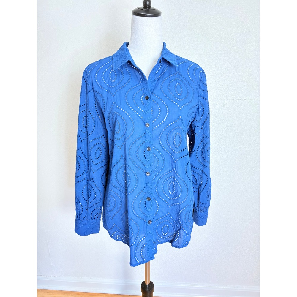 Chico's Sheer Navy Blue Embroidered Eyelet Lace Button Up Shirt Size Large Basic